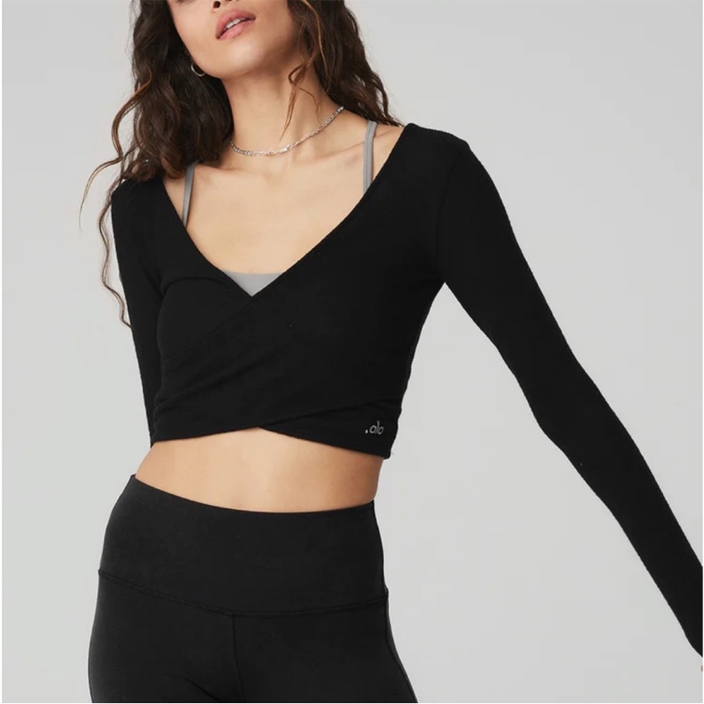 Alo Amelia Luxe Yoga Black Long Sleeve Wrap Top